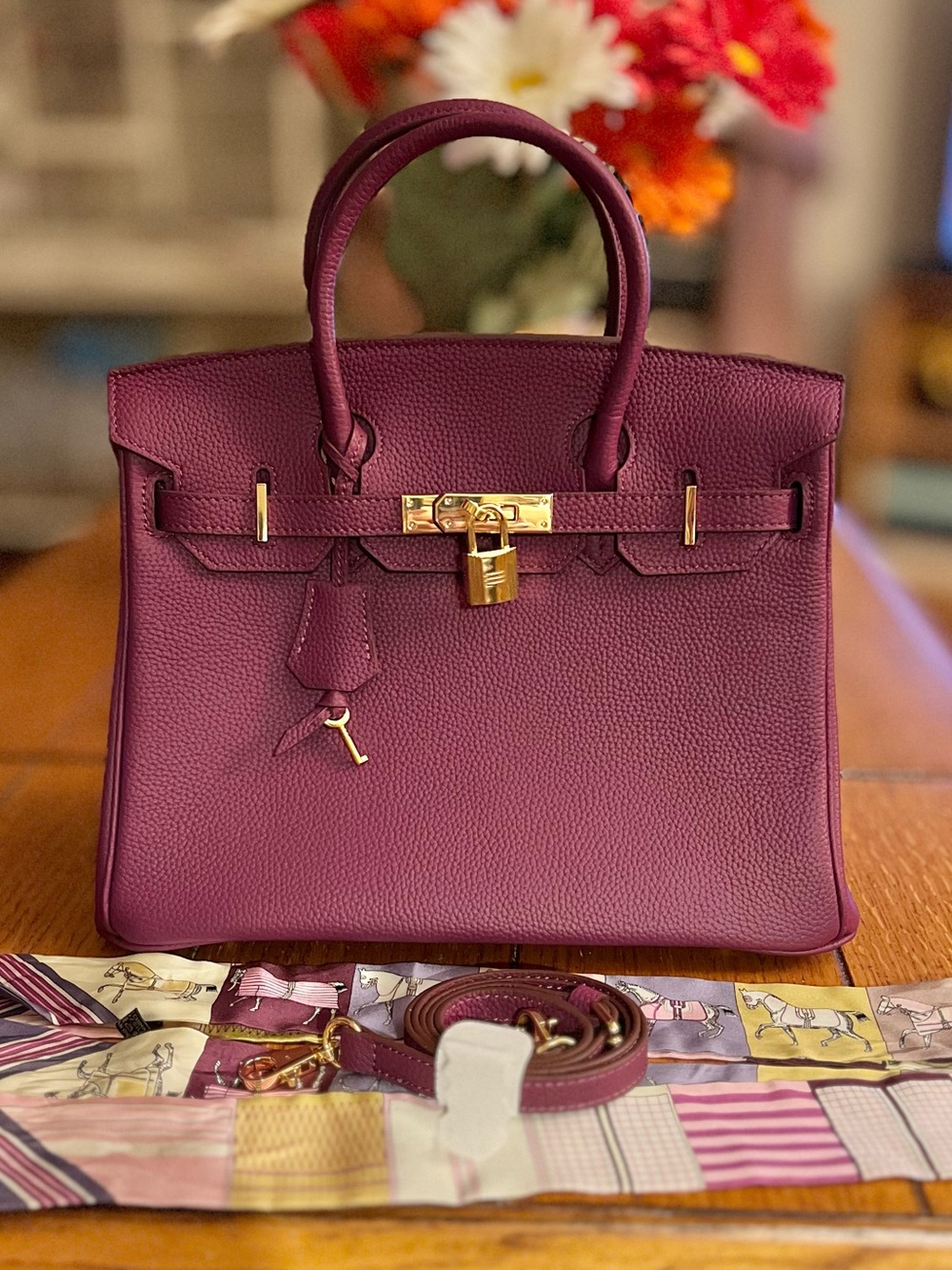 Unbranded Rich Purple Pebbled Leather Satchel & Pair of Silk Twilly Scarves